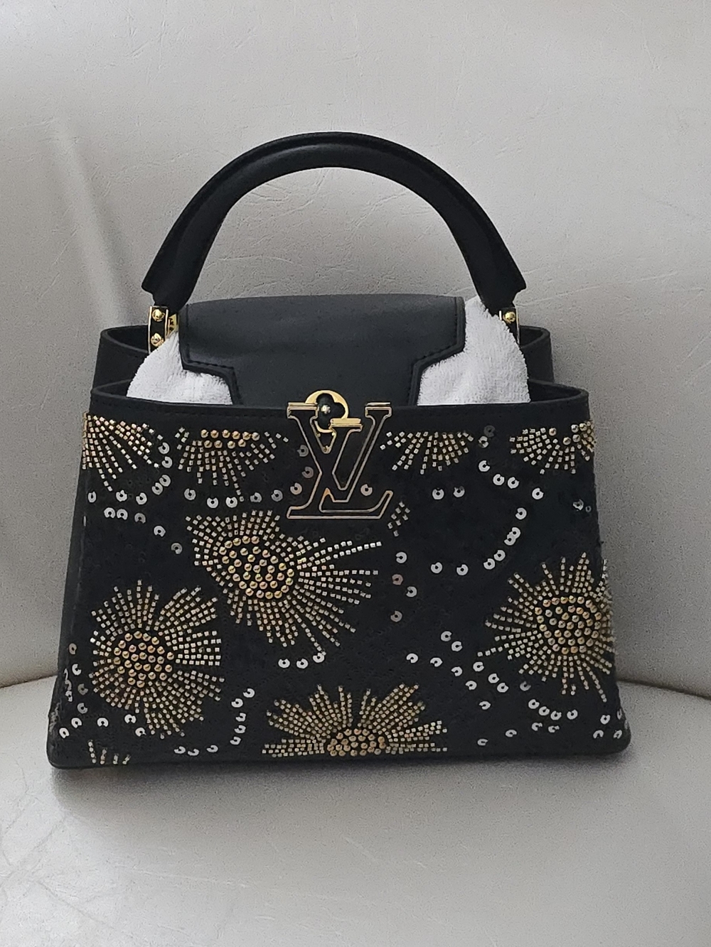 Black Top Handle LV Capucine Satchel Gold Sequin Sunburst limited Edition Copy